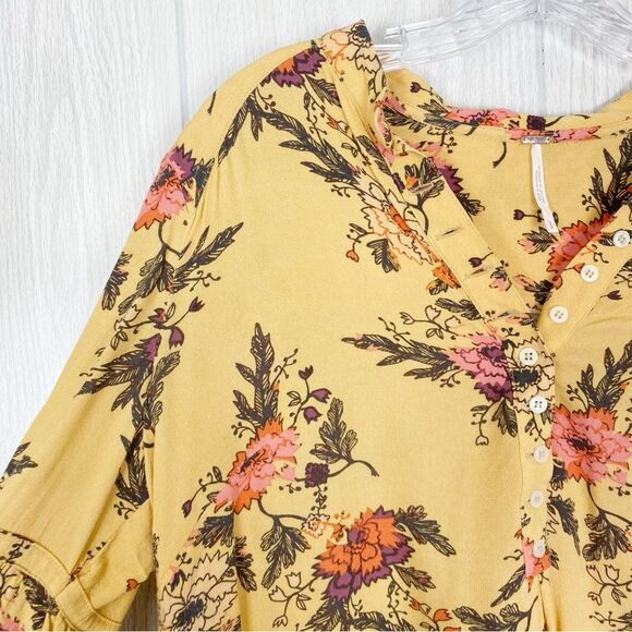 Free People | Marigold Yellow Floral Bell Sleeve Tunic Size Small - Picture 5 of 14